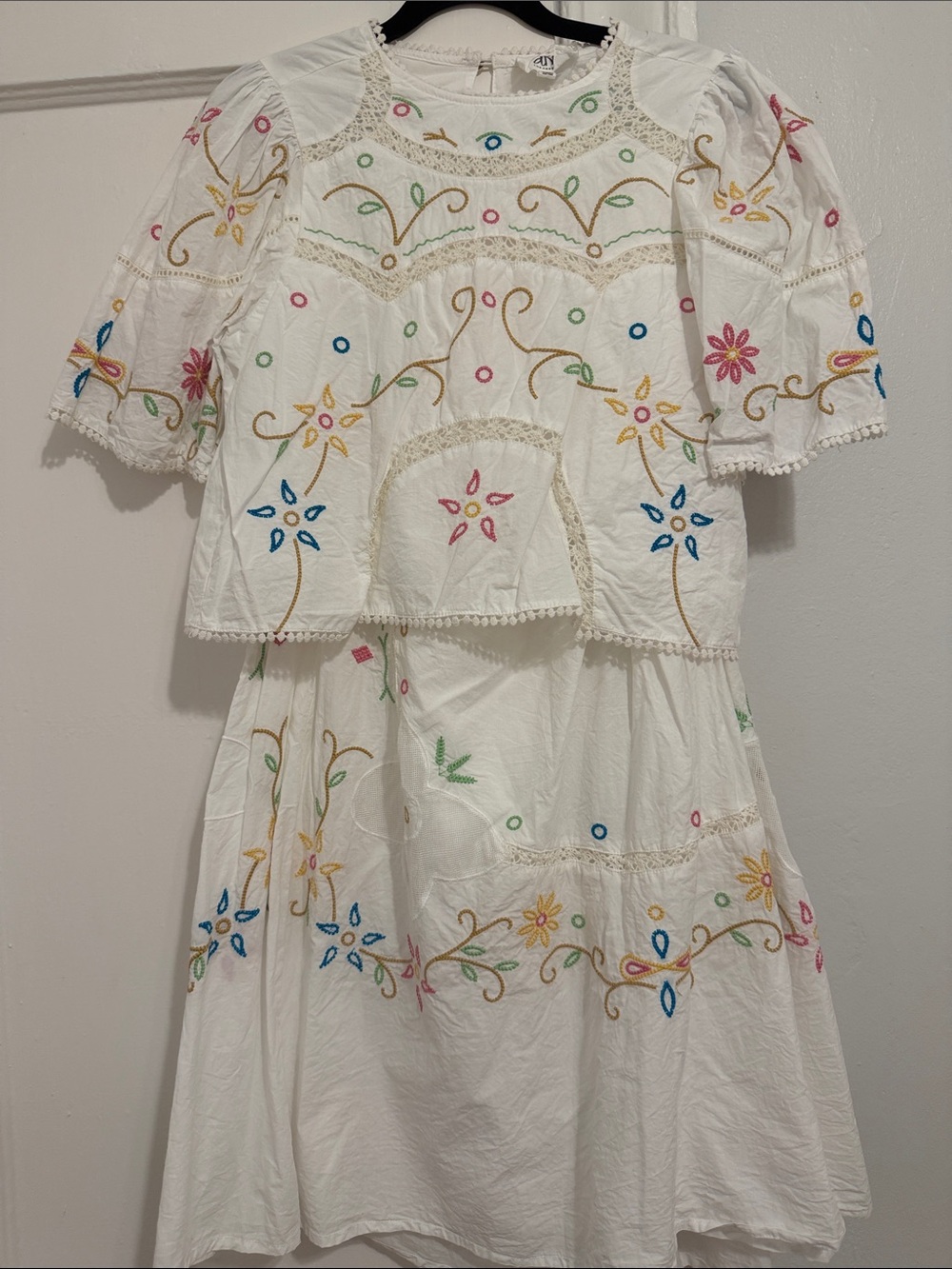 White Embroidered Two-Piece Boho Set with Multicolor Floral Stitching